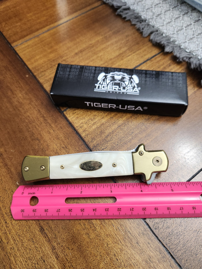 Tiger-USA 5" Stiletto Knife White Pearloid Handles Assisted Open IT-28-GD-PE