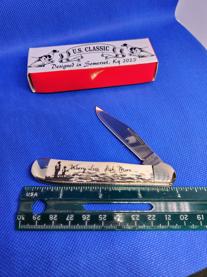 US Classic Copperhead Smooth Natural Bone Single Blade Fish Knife Worry Less, Fish More 70-1-WBN