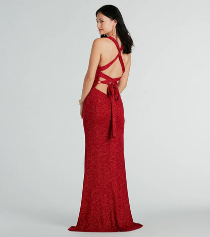 Kat Formal Glitter Lace-Up Column Dress