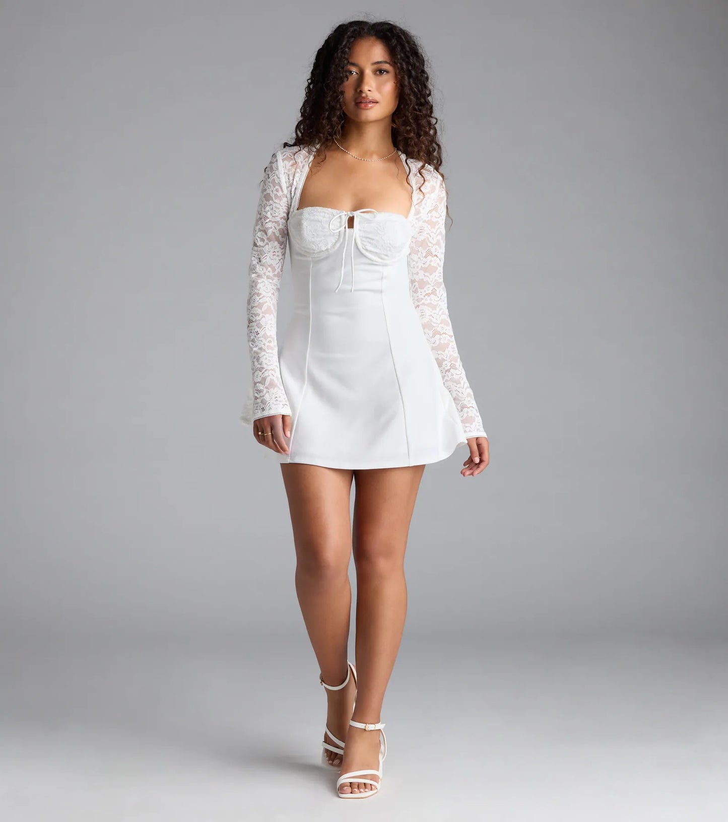 Flirty Factor Lace Long Sleeve Crepe Mini Dress