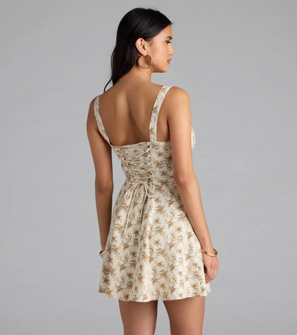 Sweetly Femme Floral Corset Lace-Up Mini Dress