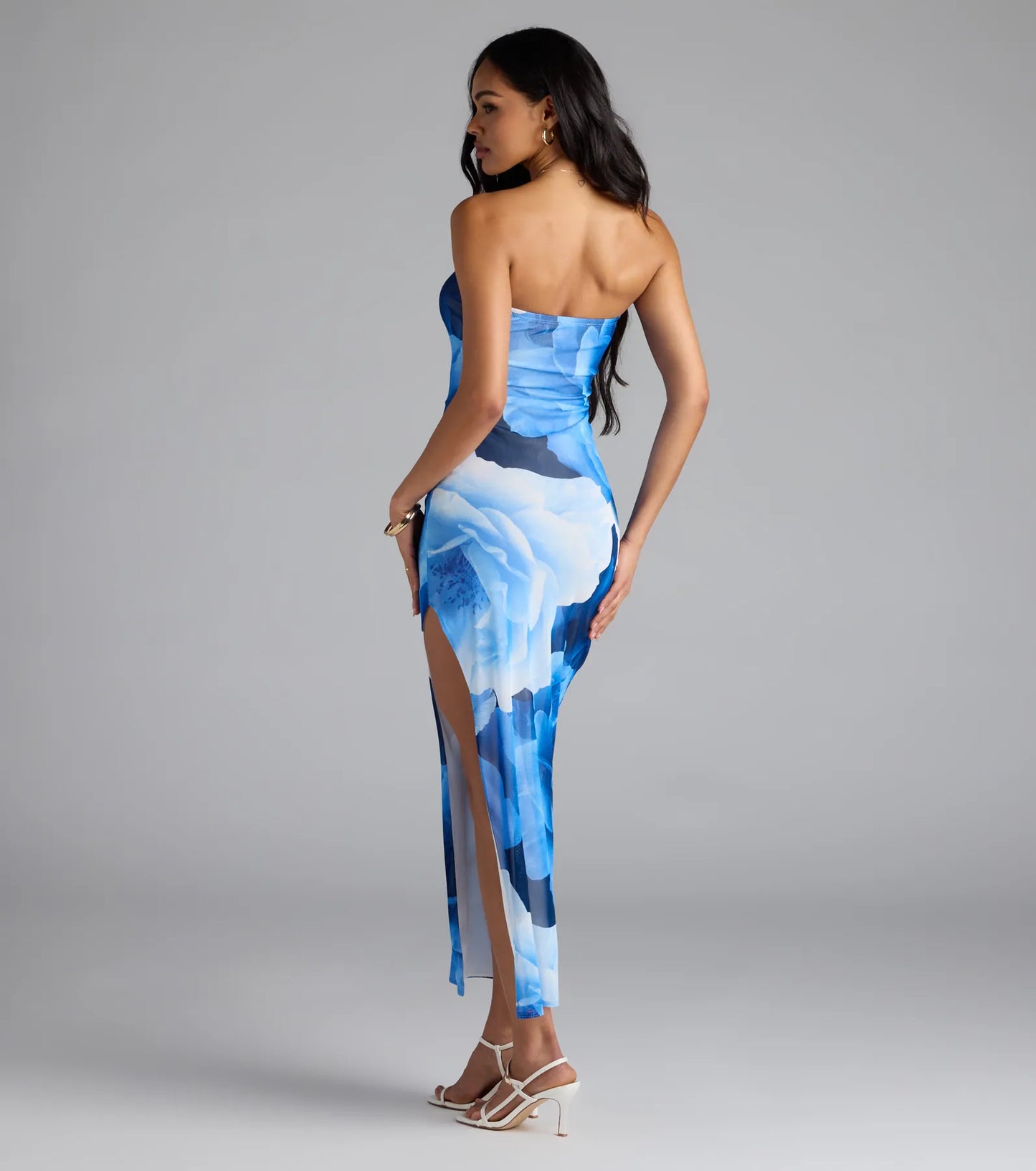 Grandeur Blooms Strapless Slit Floral Maxi Dress