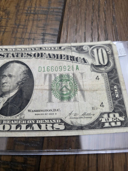 1928 B series $10 FRN Redeemable in Gold Light Green Ink VG