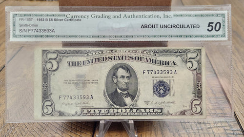 1953 B Series $5 Silver Certificate Grade AU 50 C.G.A.