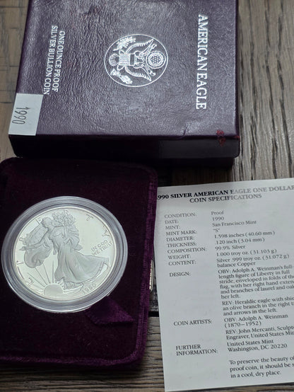 1990 SAE Proof Silver American Eagle $1 New in box m