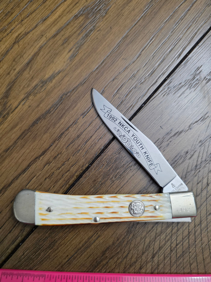 Burnt Chimney Single Blade Trapper Burnt Natural Bone Jigged NKCA Youth Knife 1992