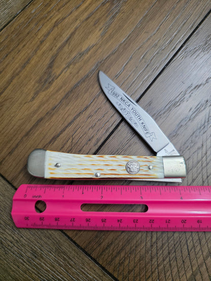 Burnt Chimney Single Blade Trapper Burnt Natural Bone Jigged NKCA Youth Knife 1992