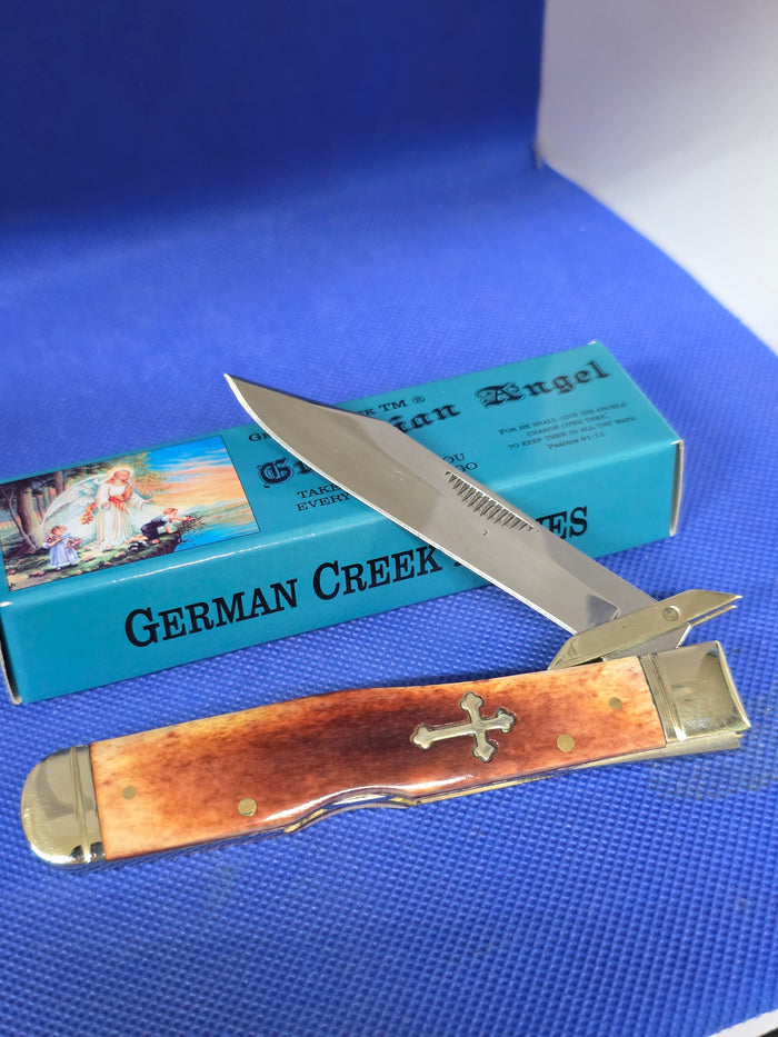 Guardian Angel Lock Back Cheetah Knife Antique Bone Handles 4 3/8" EM2567052ABN