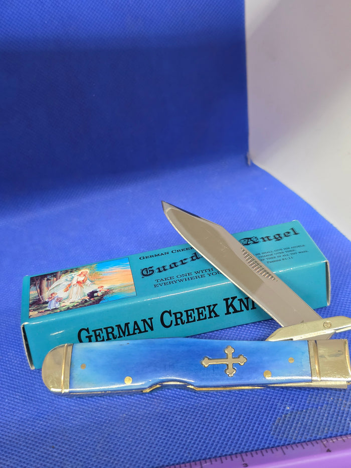 Guardian Angel Lock Back Cheetah Knife Blue Bone Handles 4 3/8" EM2567052BLBN