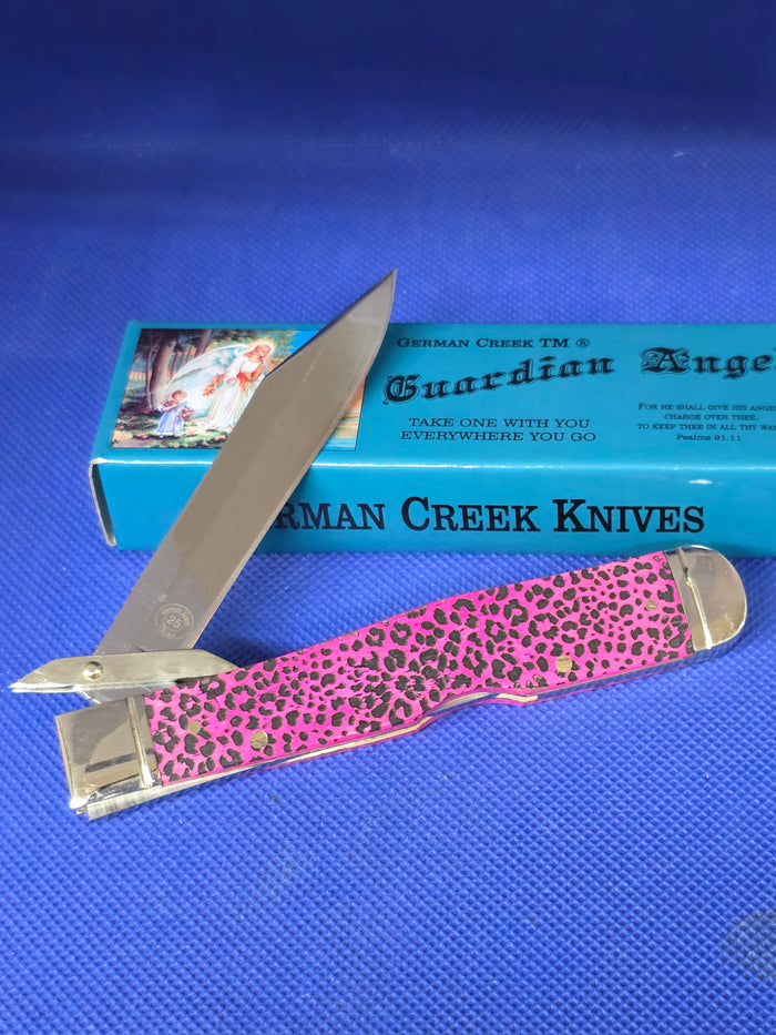 Guardian Angel Lock Back Cheetah Knife Pink Bone Handles 1 of 100 Cheetah Etch 4 3/8" EM2567052PKBN- CTH