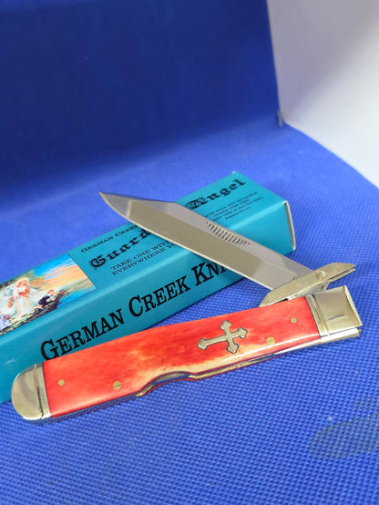 Guardian Angel Lock Back Cheetah Knife Red Bone Handles 4 3/8" EM2567052RBN
