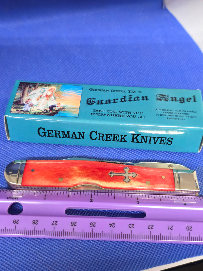 Guardian Angel Lock Back Cheetah Knife Red Bone Handles 4 3/8" EM2567052RBN