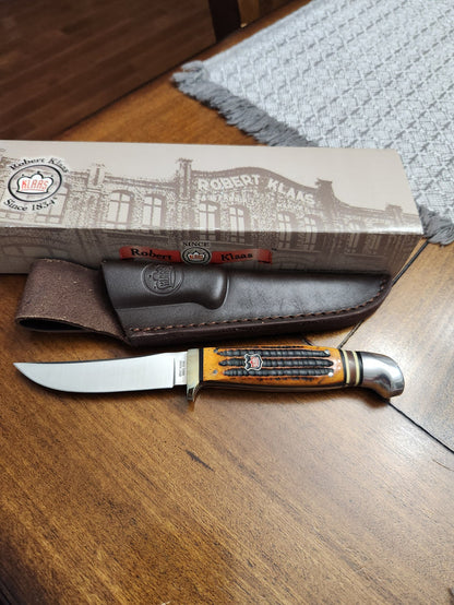 Robert Klaas Yellow Jigged Bone Fixed Blade knife with Leather Molded sheath Hunting Knife #78 KC0678BR