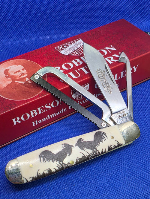 Robeson Shur-Edge Gamecock Knife - Fightin' Chicken Knife - Smooth White Bone with Etch ROB632730E