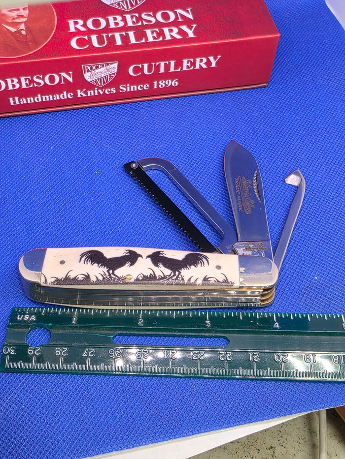 Robeson Shur-Edge Gamecock Knife - Fightin' Chicken Knife - Smooth White Bone with Etch ROB632730E