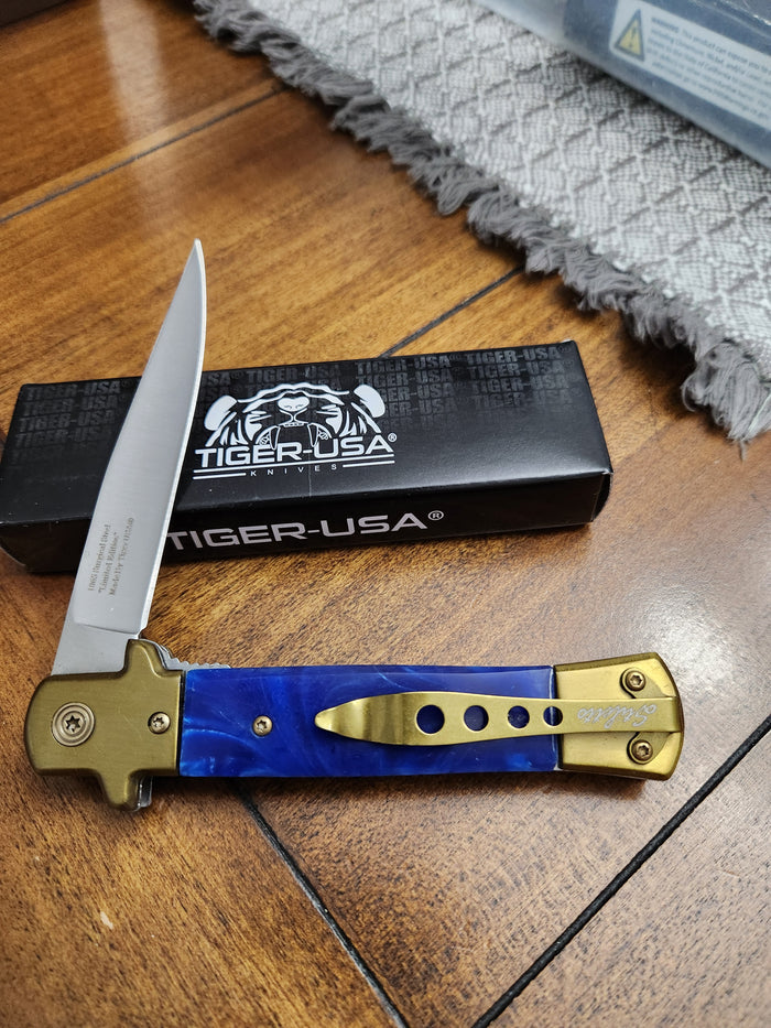 Tiger-USA 5" Stiletto Knife Blue Pearloid Handles Assisted Open IT-28-GD-BL