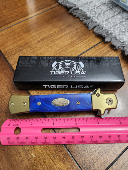 Tiger-USA 5" Stiletto Knife Blue Pearloid Handles Assisted Open IT-28-GD-BL