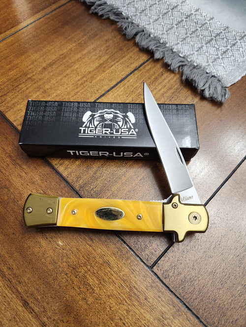 Tiger-USA 5" Stiletto Knife Yellow Pearloid Handles Assisted Open IT-28-GD-OR
